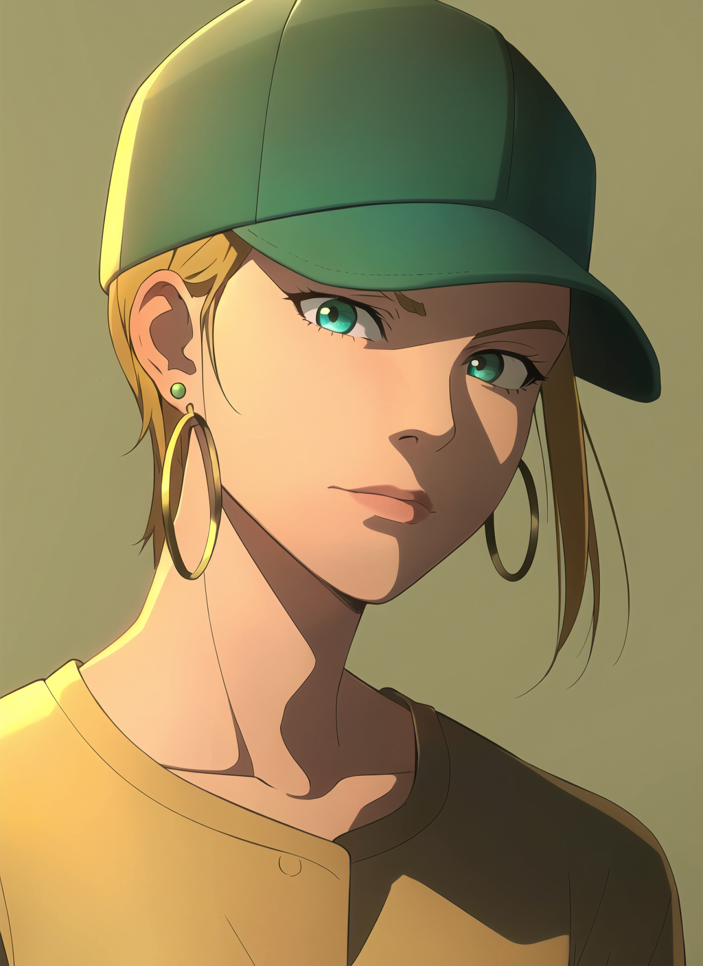 3978527206-3549507575-witcher, masterpiece, best quality, 1girl, aqua eyes, baseball cap, blonde hair, closed mouth, earrings, green background, hat,.png